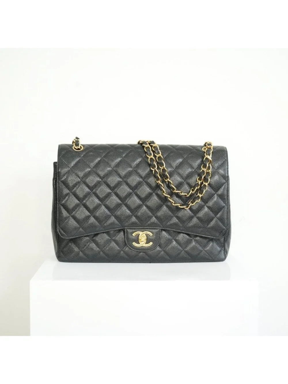 Chanel Black Caviar Leather Maxi Double Flap Bag Full Set